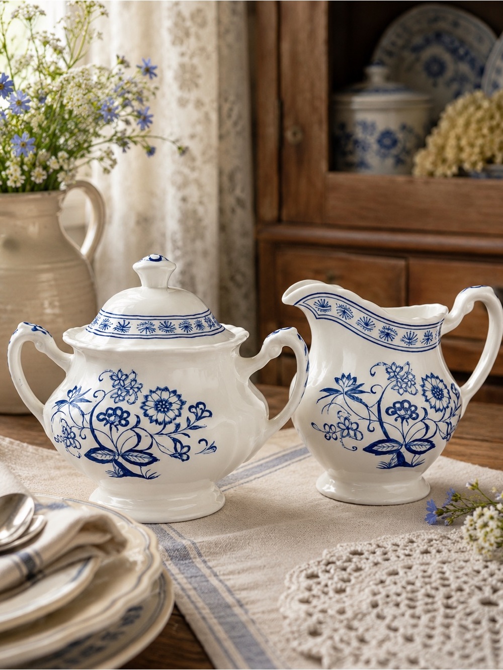 J&G‎ Meakin Classic White Nordic Blue Sugar Bowl & Creamer Set